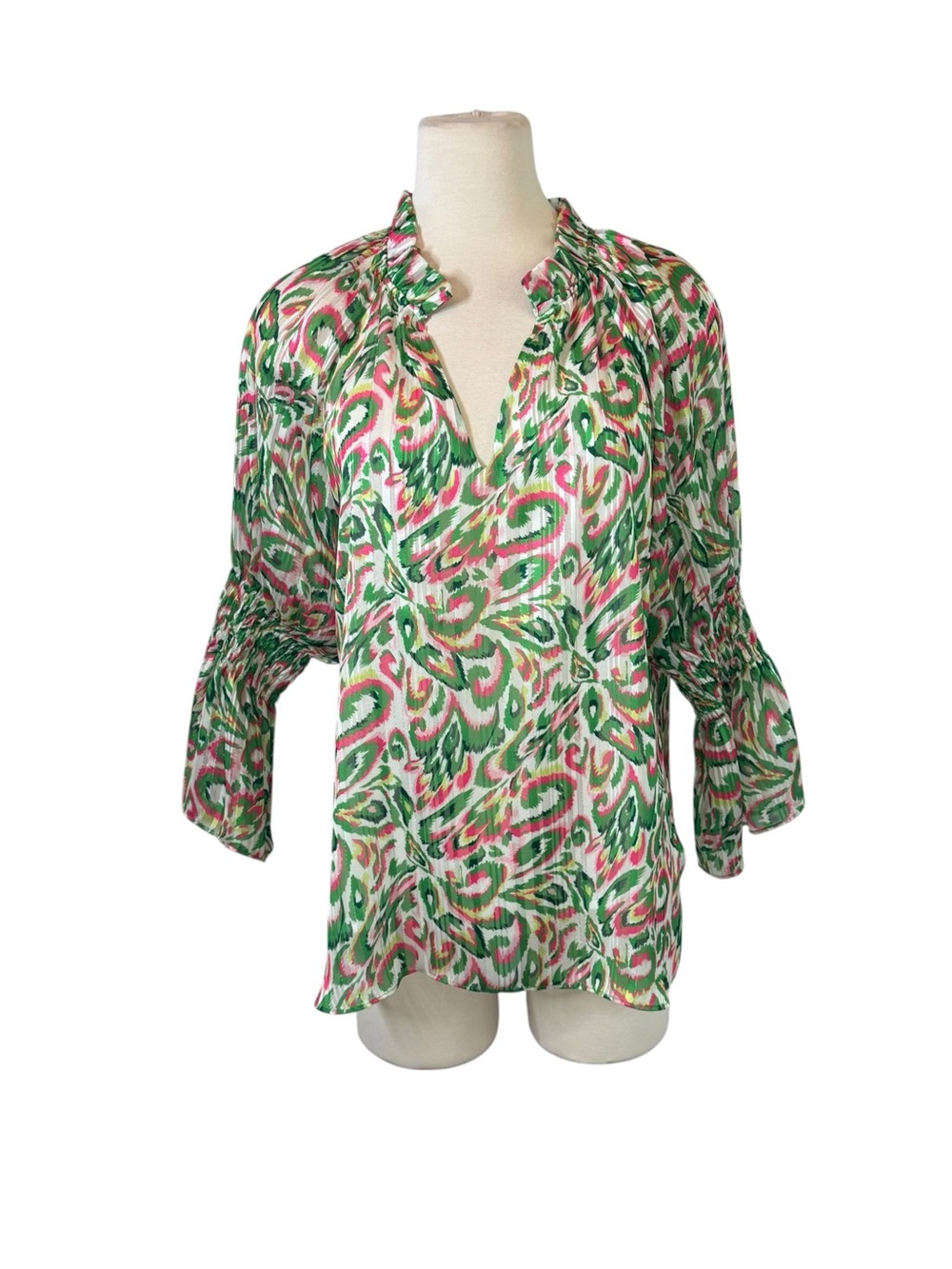 Jade Ruffle-Neck Blouse in Green and Pink